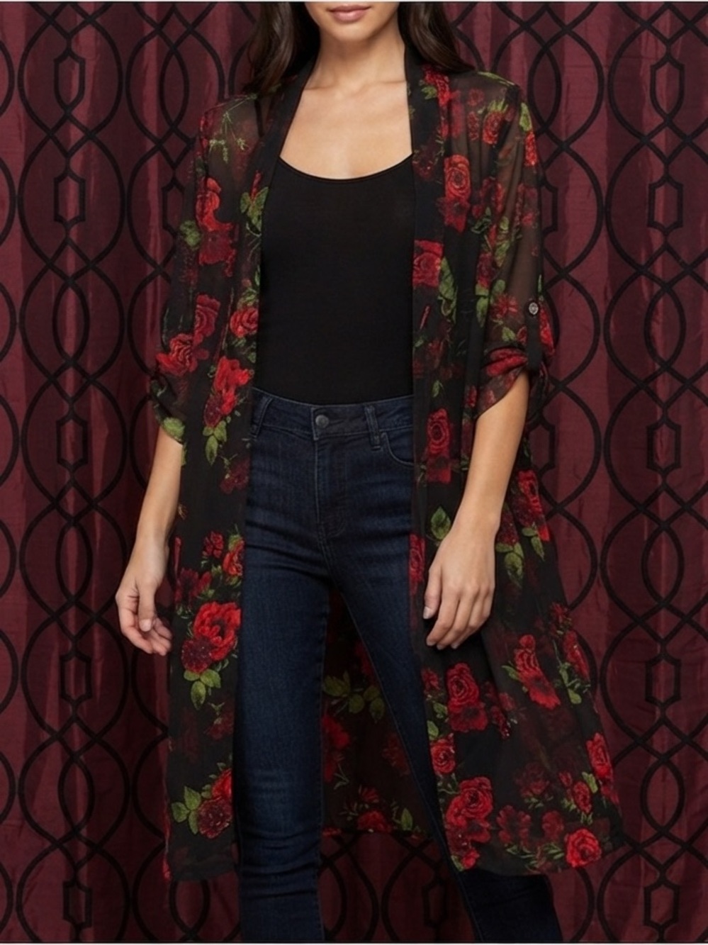 Siren lily Black Sheer Maternity Cover-Up with Red Rose Print